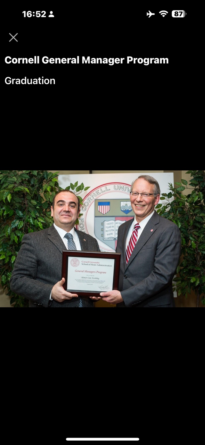 Ahmet Can Yeşildağ receiving his Cornell University General Managers Program certificate