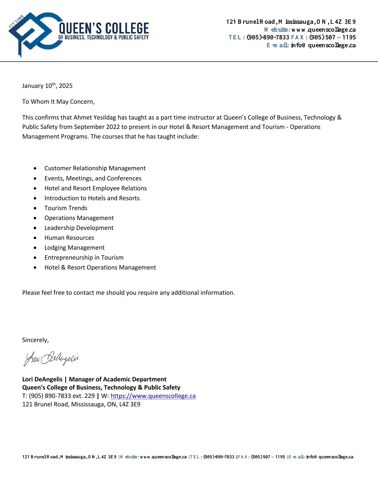 Queen’s College letter confirming Ahmet Can Yeşildağ’s hospitality teaching experience